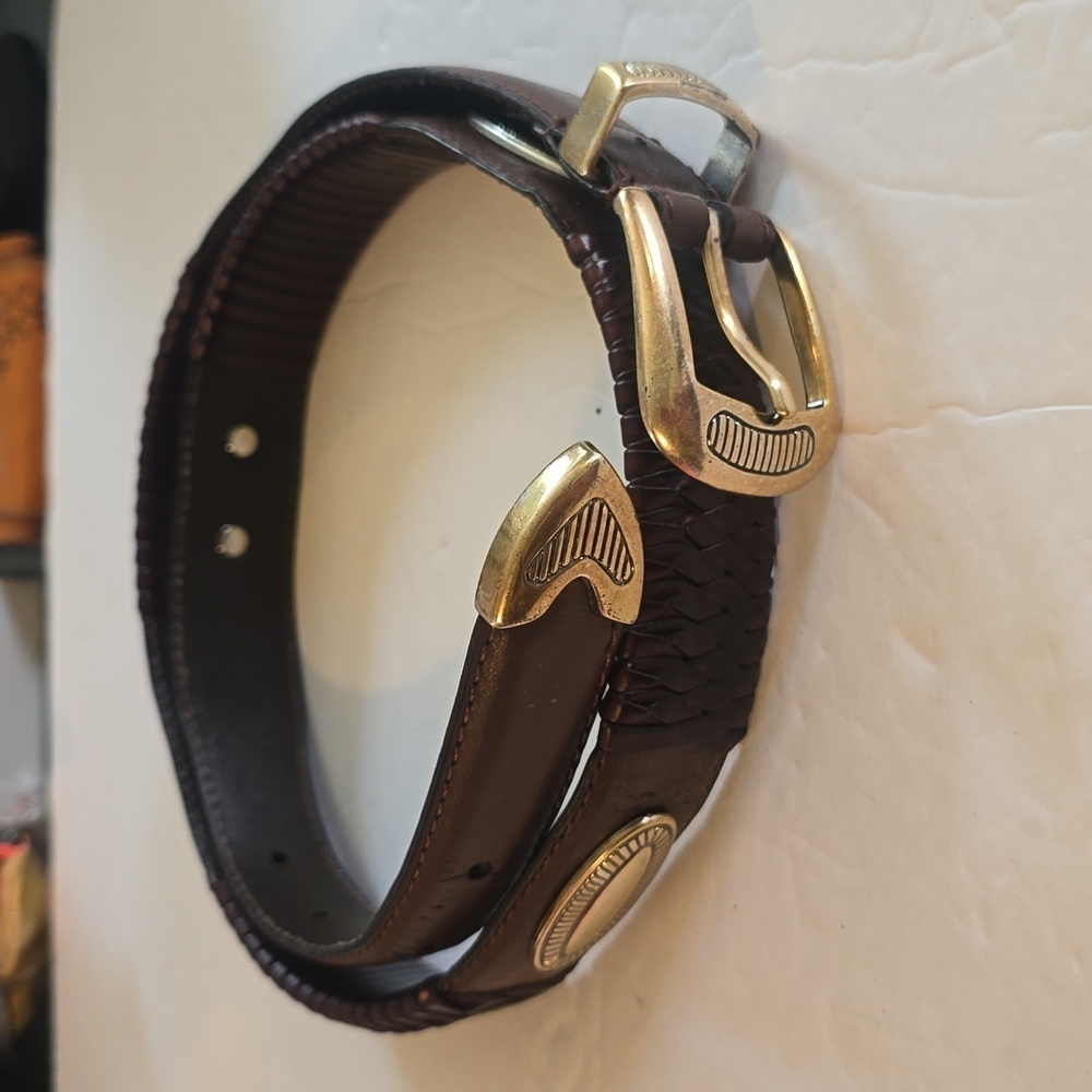 Womens Vintage Silver Buckle Tip Emblem Brown Woven Leather Belt Sz.34